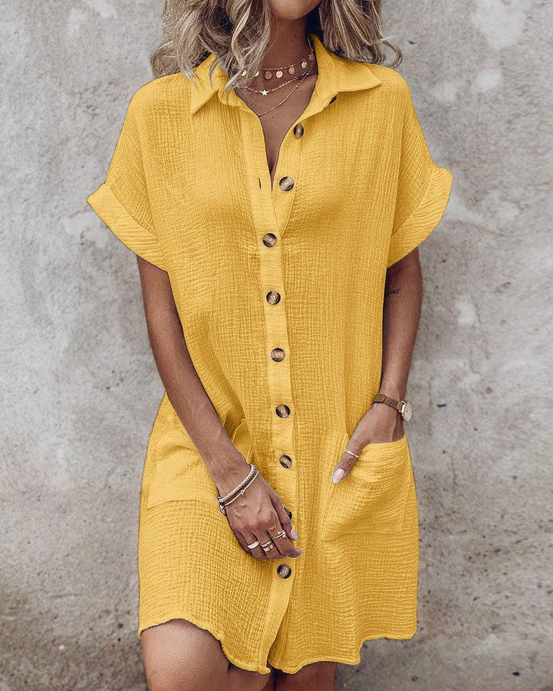 【S-2XL】2026 Vestido suelto de lino y algodón de manga corta y largo medio con botones_4240623