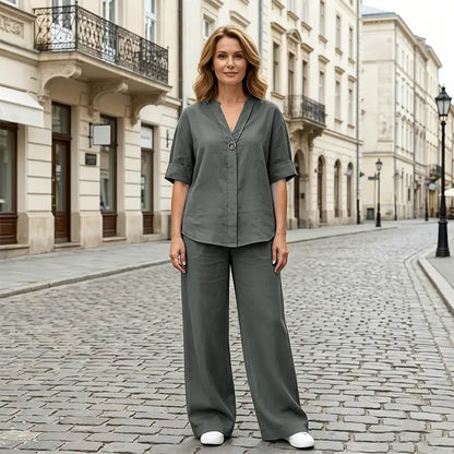 🔥🔥【S-5XL】【Topy + kalhoty】 Dámská lehká a vícebarevná móda a pohodlné neformální obleky z bavlny a lnu