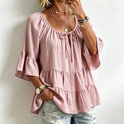 🌺🚶‍♀️Elegantní damská halenka s volánky a stahovací šňůrkou u výstřihu, tříčtvrteční zvonové rukávy, texturovaná košile v boho-chic stylu, ležérní peplum vzor