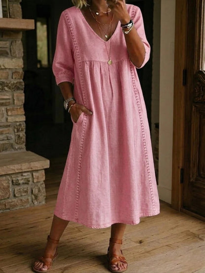 ✨ ¡Último día de rebajas del 50%! 【S-3XL】Nuevo vestido de verano de algodón y lino de largo medio: diseño con escote en V, holgado y favorecedor, transpirable y cómodo.