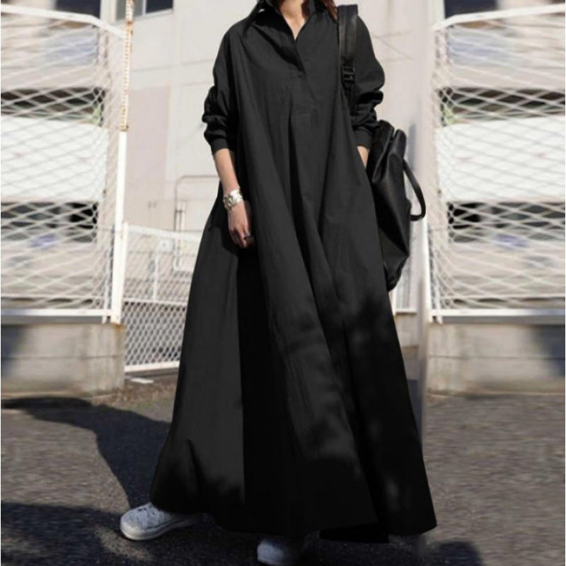 🔥😍Časově omezená nabídka💃👗Volné košilové šaty pro větší velikosti, límec s rolákovým límcem, dlouhé rukávy a splývavá sukně na zem. 4224552