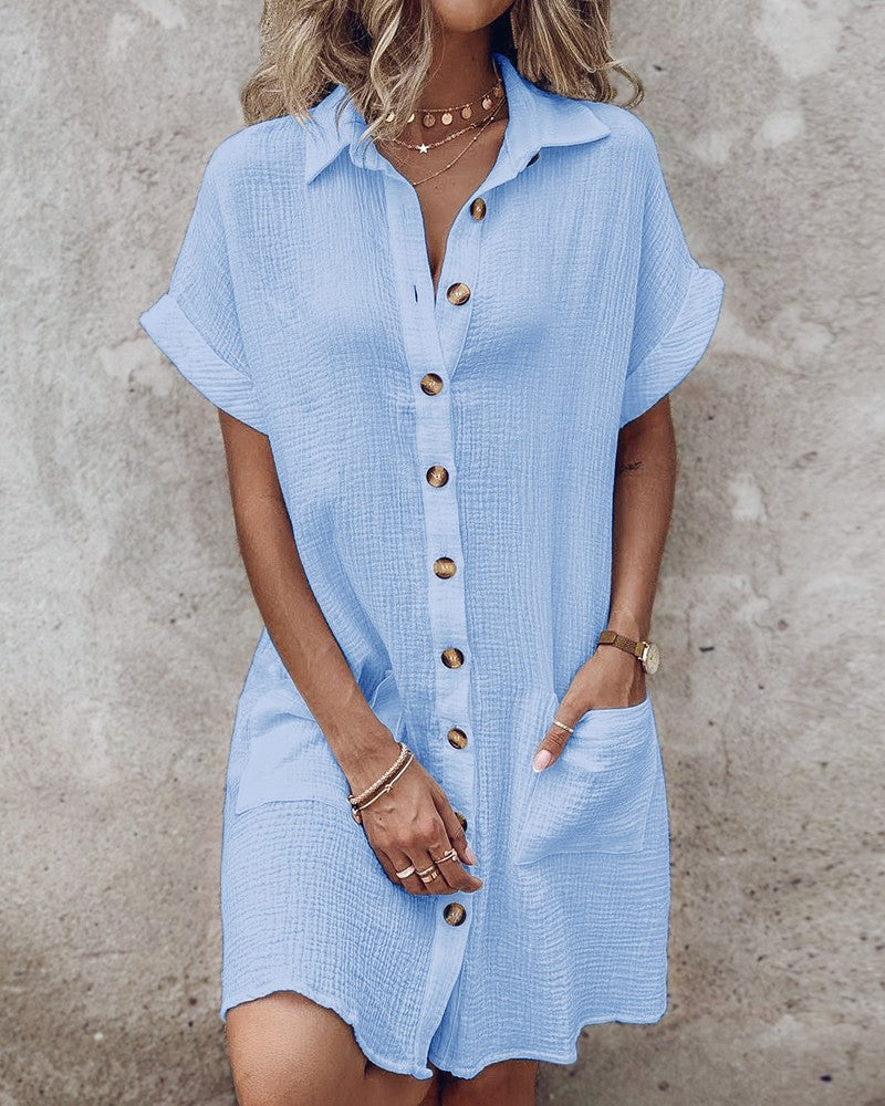 【S-2XL】2026 Vestido suelto de lino y algodón de manga corta y largo medio con botones_4240623