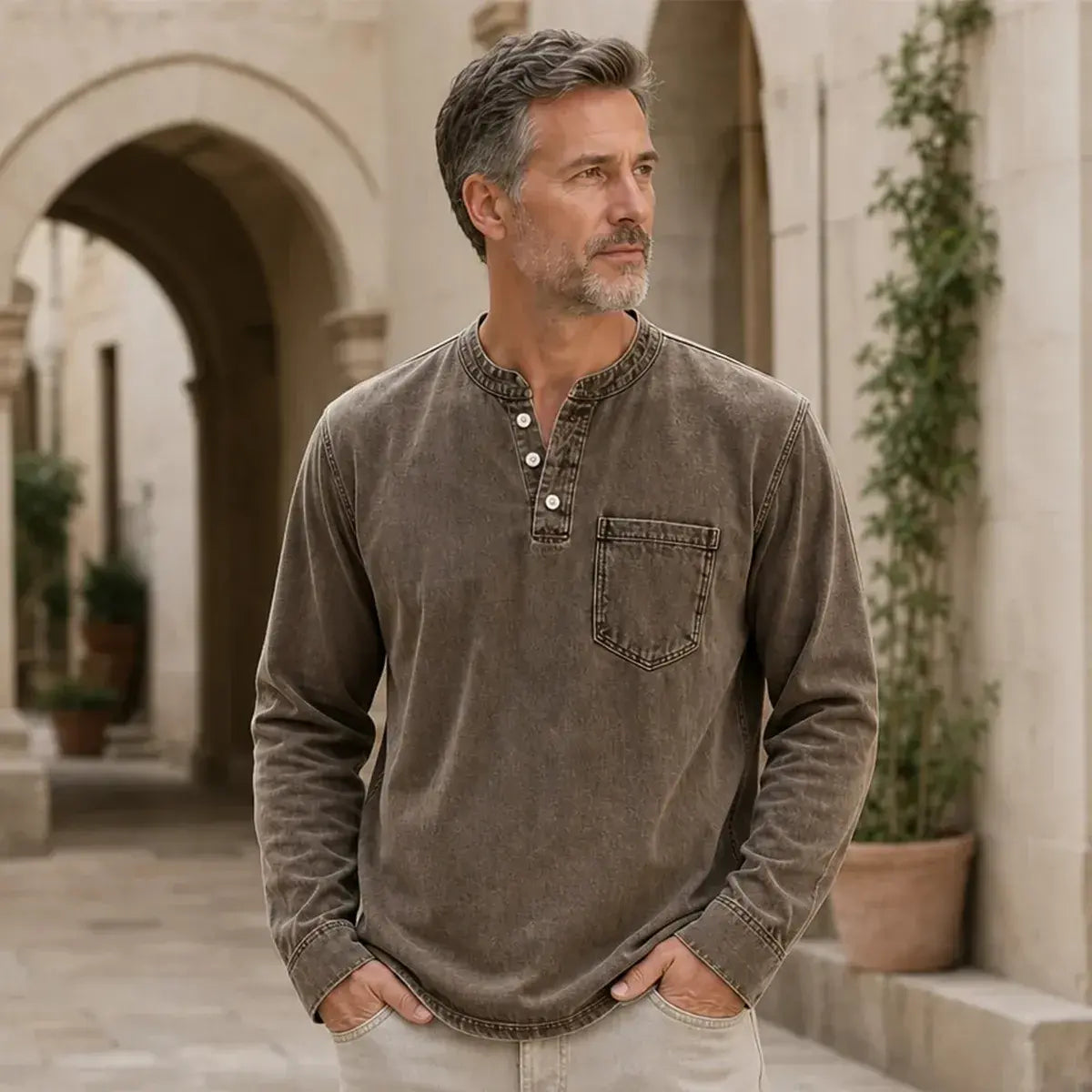 👔 Pánské tričko Henley s dlouhým rukávem a náprsní kapsou | Klasický ležérní styl ✨