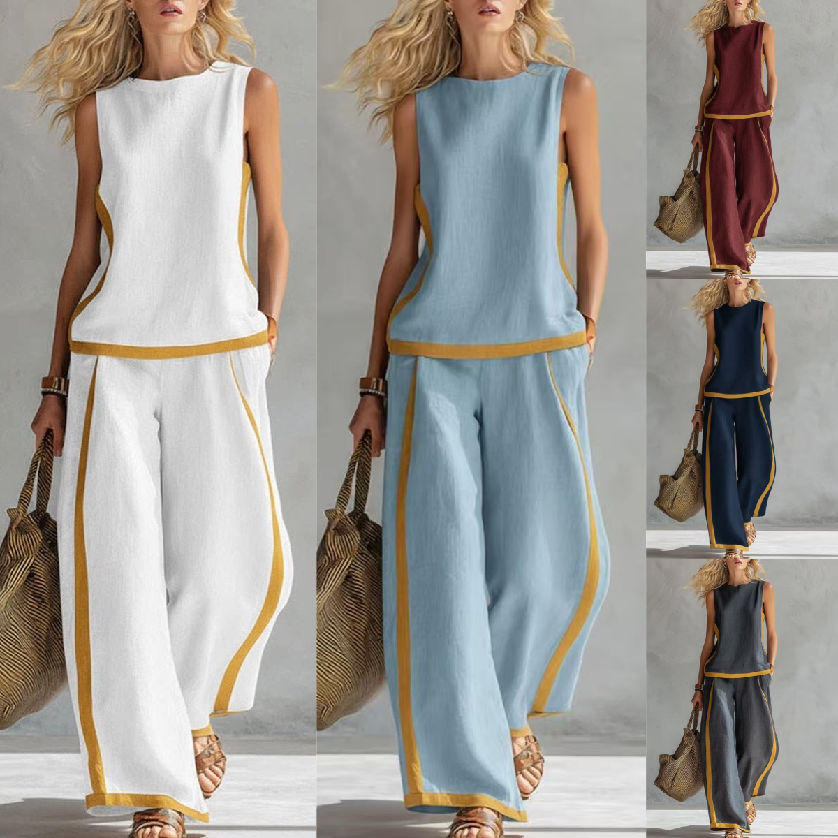 2026 Nov moderen dvodelni komplet za ženske: top brez rokavov s kontrastnimi detajli in široke hlače - poletni, ležeren in šik stil.