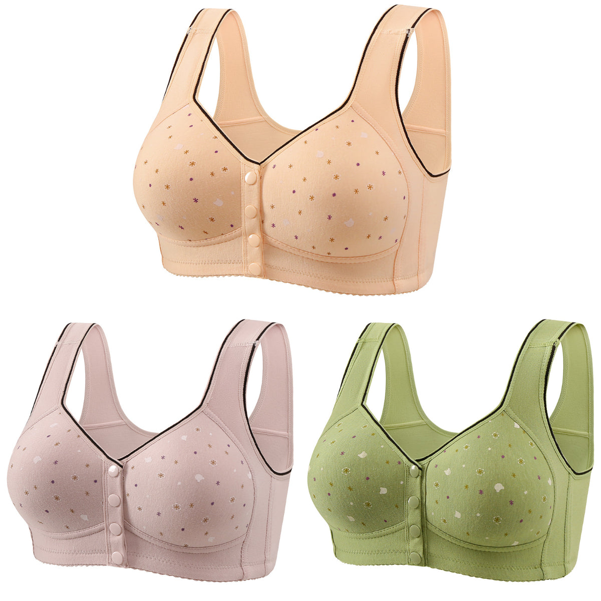 😍【3 db-os készlet】Női vezeték nélküli melltartó elülső gombokkal 【40-120kg】❤️Kényelmes antibakteriális természetes pamut