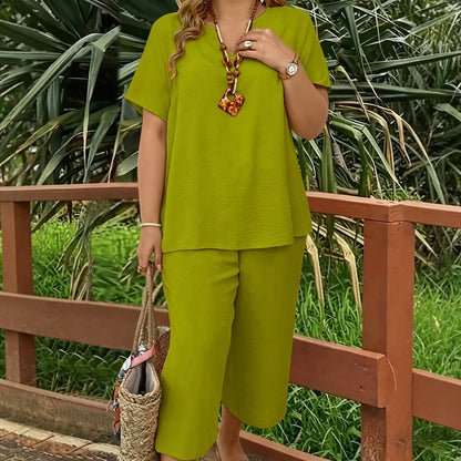 【X-5XL】💗Eleganten in eleganten, enobarven top s kratkimi rokavi in V-izrezom v kombinaciji s širokimi hlačami, plus size, dvodelni komplet.