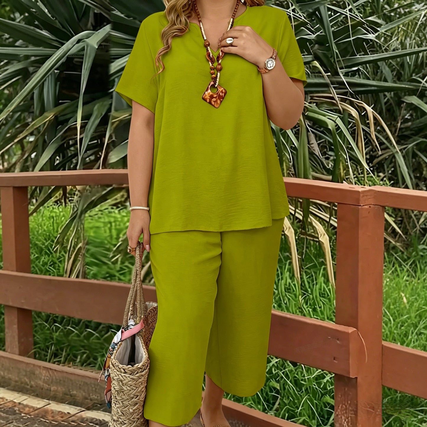 【X-5XL】💗Eleganten in eleganten, enobarven top s kratkimi rokavi in V-izrezom v kombinaciji s širokimi hlačami, plus size, dvodelni komplet.