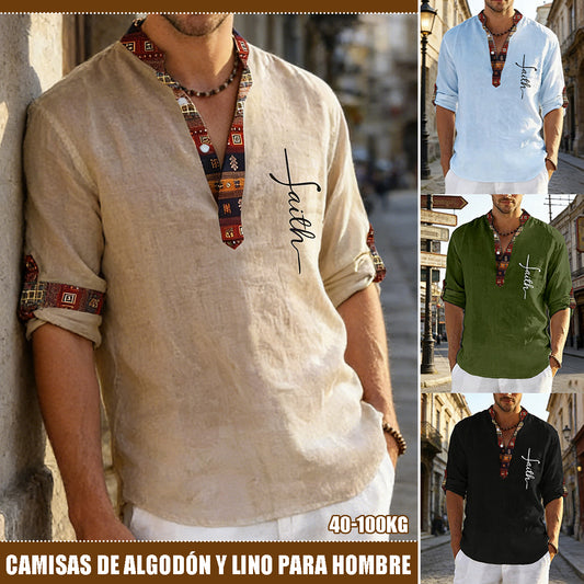 🔥Hot sale en España🔥Camisa hombre lino algodón estampada cuello pico✅️【Pago contra entrega】