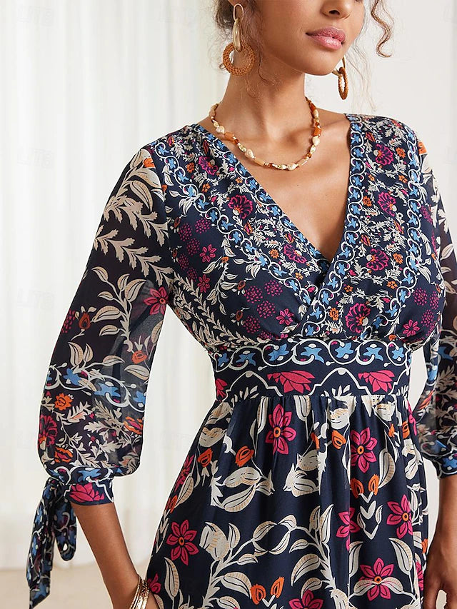 💟【S-5XL】👗Vestido largo con cuello en V y volantes florales para mujer,  estilo bohemio para vacaciones_4240764