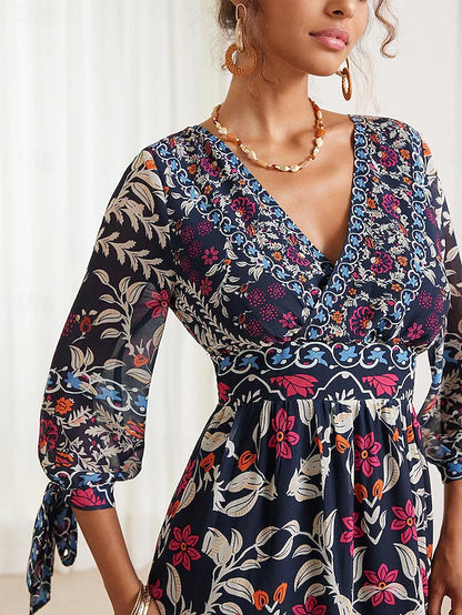 💟【S-5XL】👗Vestido largo con cuello en V y volantes florales para mujer,  estilo bohemio para vacaciones_4240764