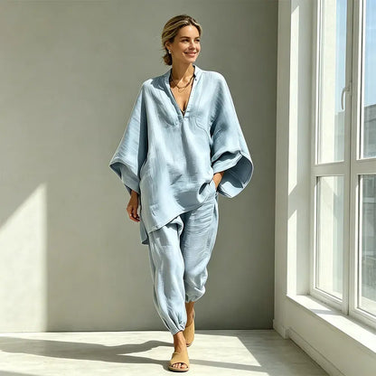 【S-3XL】👗 Komplet z sproščenim izrezom in širokim robom, rokavi v obliki netopirjevih kril, ležerna oblika, ohlapen kroj, idealen za vsakodnevno nošenje - udoben in vsestranski ✨🌸