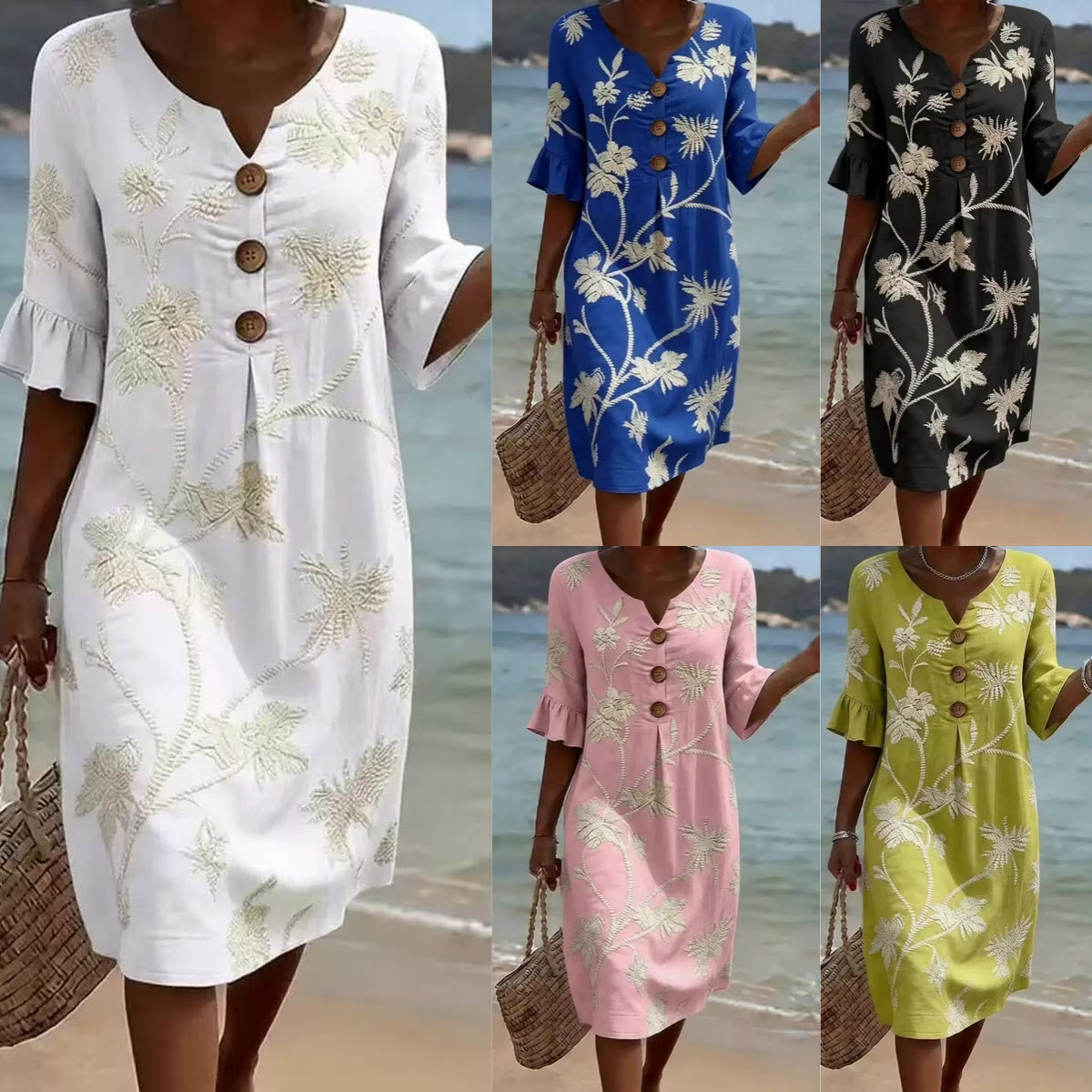 🌼👗【S-3XL】Dámské bavlněné a lněné šaty s nafoukanými rukávy a knoflíky