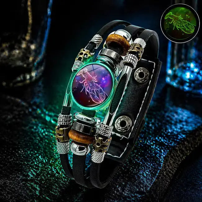 🌙 Pulsera de Cuero Zodiacal Luminiscente – Trenzado de 3 Capas, Longitud Ajustable, Unisex 💫✨