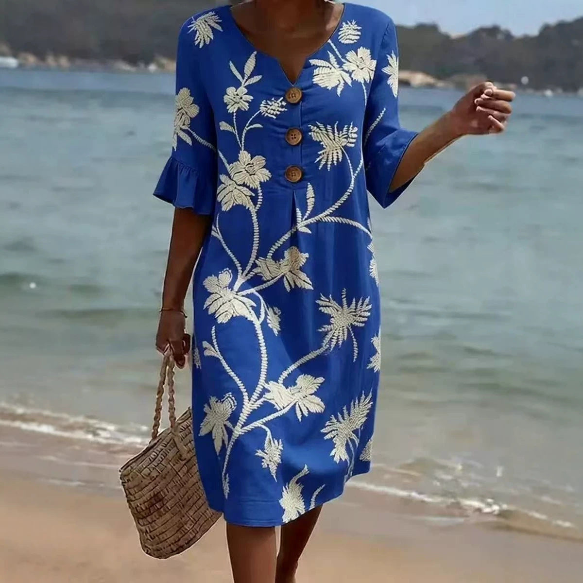 🌼👗【S-3XL】Dámské bavlněné a lněné šaty s nafoukanými rukávy a knoflíky