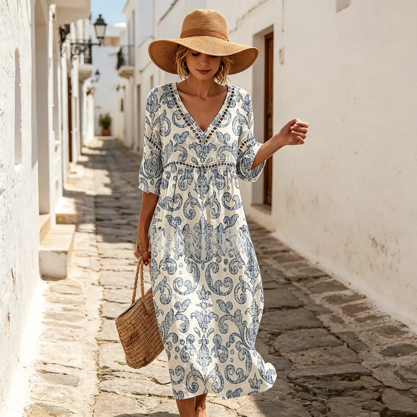 👗【S-3XL】Női hosszú pamut-len ruha mintával – nyári stílus, V-nyakkivágással