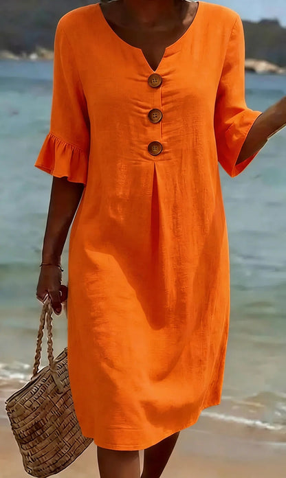 【S-3XL】Vestido de mujer de algodón y lino con mangas abullonadas y botones_4293805