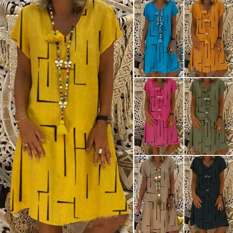 【SLEVA 45 %】👗【S-5XL】Bavlněné šaty s potiskem a výstřihem do V 4245139