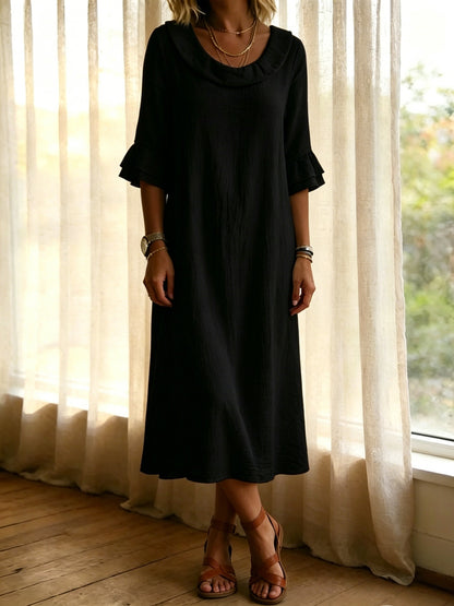 【S-3XL】Elegante vestido de mujer de algodón y lino con mangas abullonadas y cuello redondo 4288675
