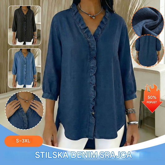【S-3XL】Ženska ležerna jeans srajca z V-izrezom in volančki