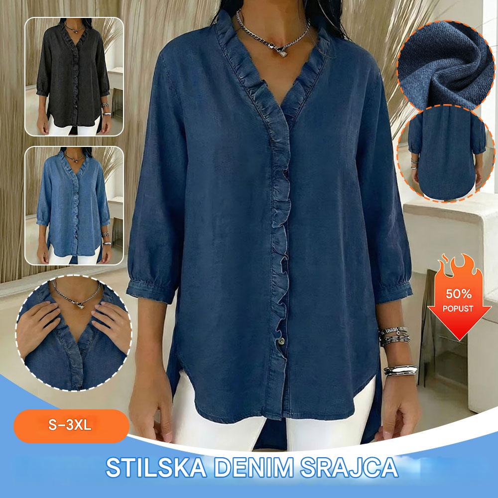 【S-3XL】Ženska ležerna jeans srajca z V-izrezom in volančki