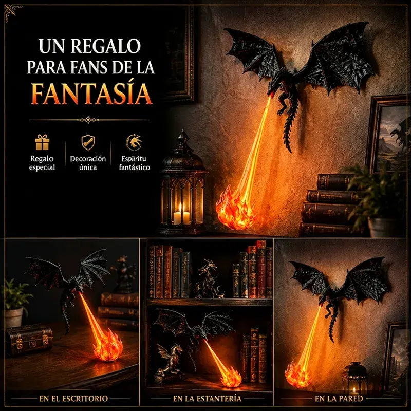 🐉🔥 Lámpara LED de dragón 3D que escupe fuego | Decoración brillante de fantasía para estantería