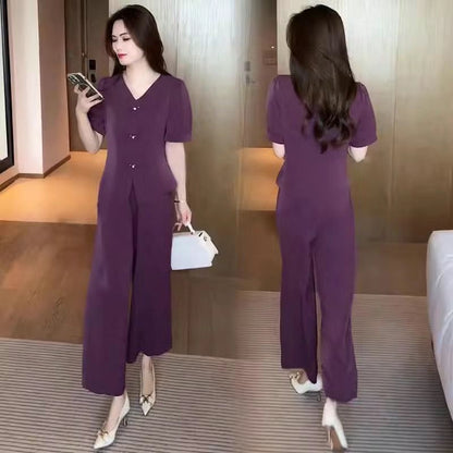 🌸【M-5XL】🔥【Póló + Széles szárú nadrág】2026 Trendi jégselyem lezser szett_4277556