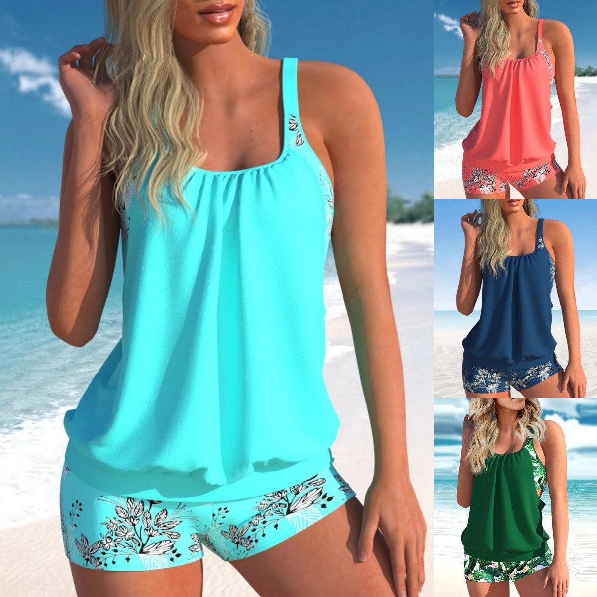 🌴🌈【50% sleva na léto 🔥】【S-5XL】🌊👙 Dámské rychleschnoucí dvoudílné plavky s potiskem plus velikosti + boxerky