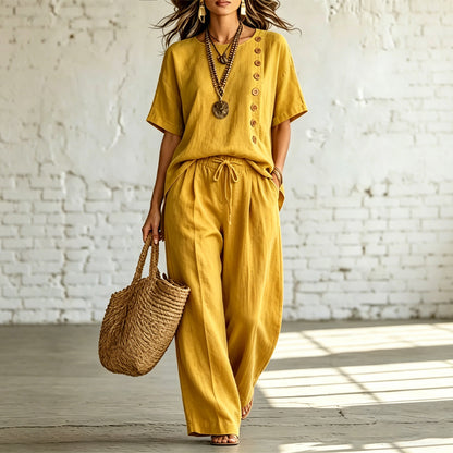 🎨【S-3XL】🌺【Set tričko + kalhoty s širokými nohavicemi】Módní ležérní set vyrobený z bavlny a lnu, pohodlný a prodyšný, dostupný v několika barvách.